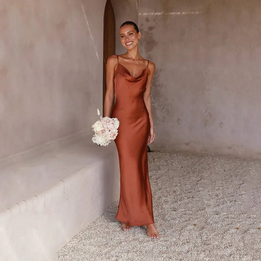 Women's Open-Back High-Slit Satin Fitted Maxi Dress