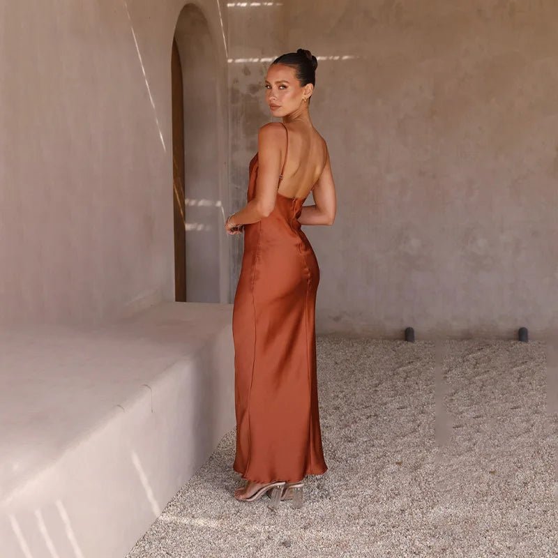 Women's Open-Back High-Slit Satin Fitted Maxi Dress