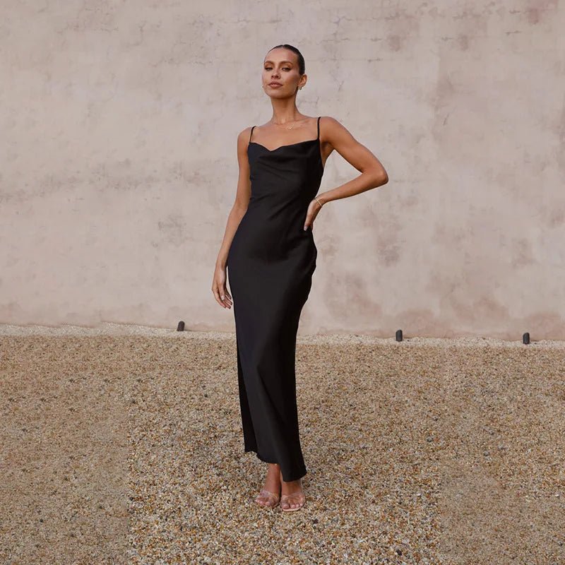 Women's Open-Back High-Slit Satin Fitted Maxi Dress