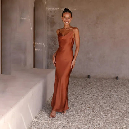 Women's Open-Back High-Slit Satin Fitted Maxi Dress