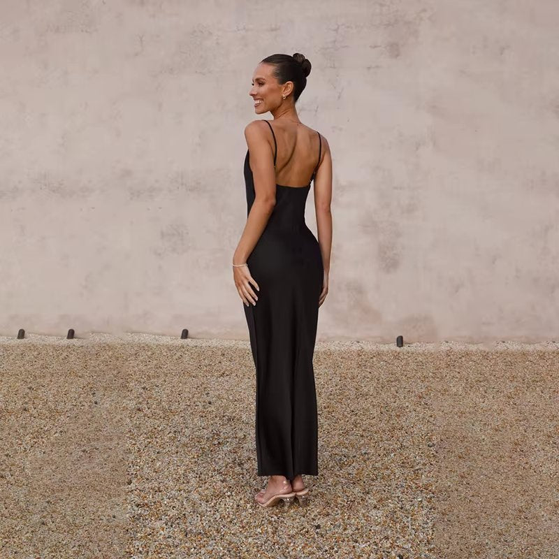 Women's Open-Back High-Slit Satin Fitted Maxi Dress