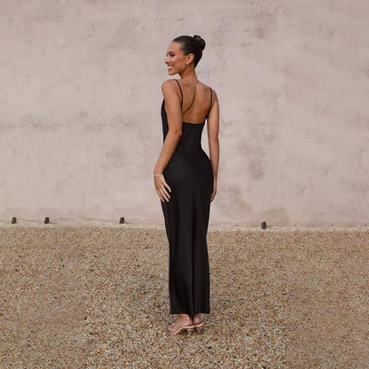 Women's Open-Back High-Slit Satin Fitted Maxi Dress