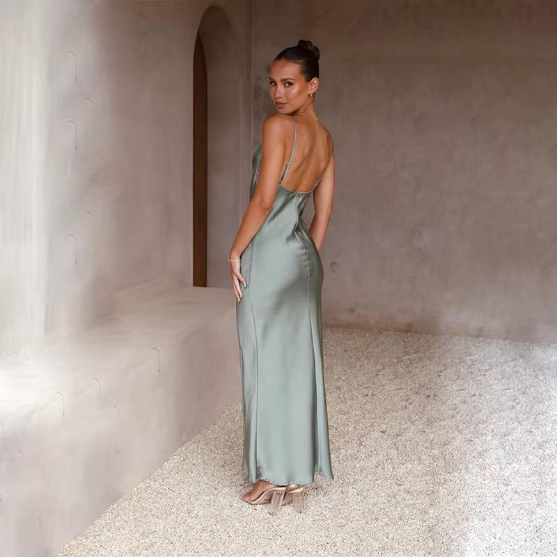 Women's Open-Back High-Slit Satin Fitted Maxi Dress