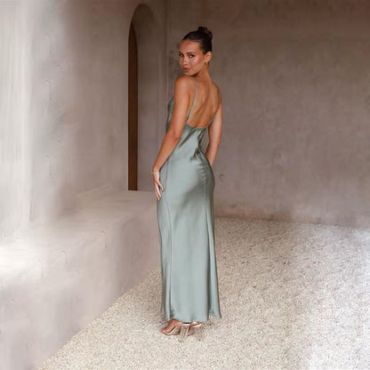 Women's Open-Back High-Slit Satin Fitted Maxi Dress