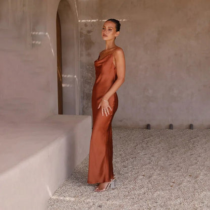 Women's Open-Back High-Slit Satin Fitted Maxi Dress