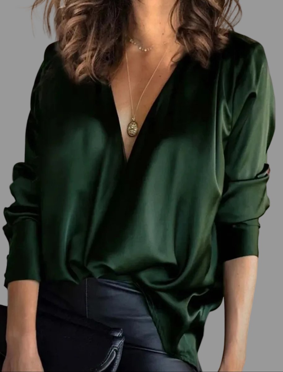 Women's Long-Sleeve Satin V-Neck Top