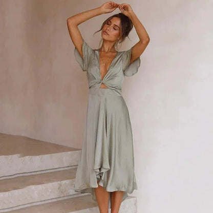 Women's Plunging V-Neck Butterfly Sleeve Asymmetrical Satin Midi Dress