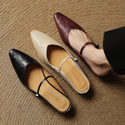 Women's Pointed-Toe Leather Mary Jane Backless Mules