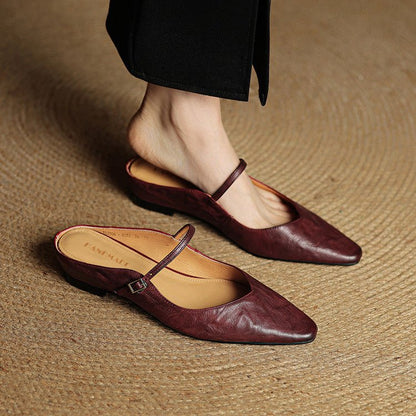 Women's Pointed-Toe Leather Mary Jane Backless Mules