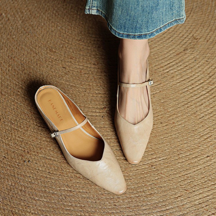 Women's Pointed-Toe Leather Mary Jane Backless Mules