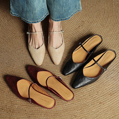 Women's Pointed-Toe Leather Mary Jane Backless Mules