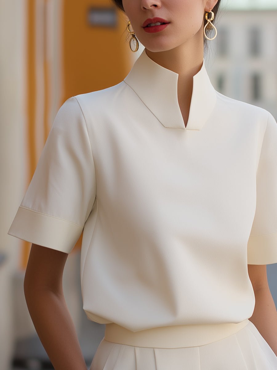 Women's Structured Short-Sleeve Top with Stand Collar