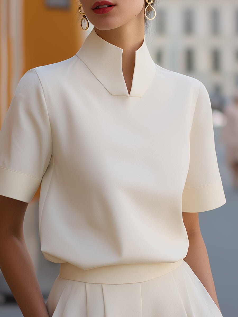 Women's Structured Short-Sleeve Top with Stand Collar