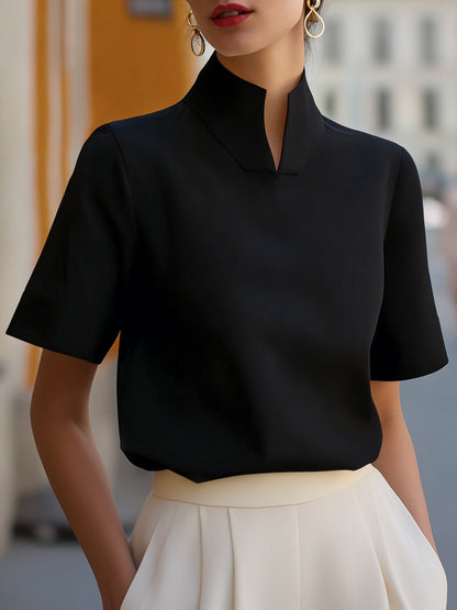 Women's Structured Short-Sleeve Top with Stand Collar