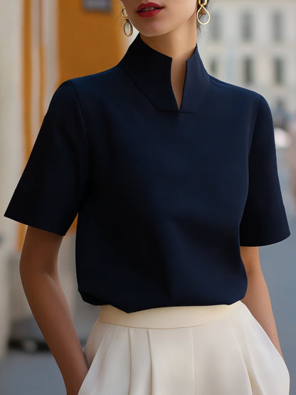 Women's Structured Short-Sleeve Top with Stand Collar