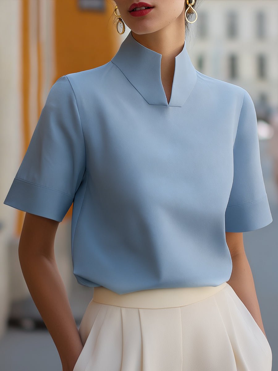 Women's Structured Short-Sleeve Top with Stand Collar