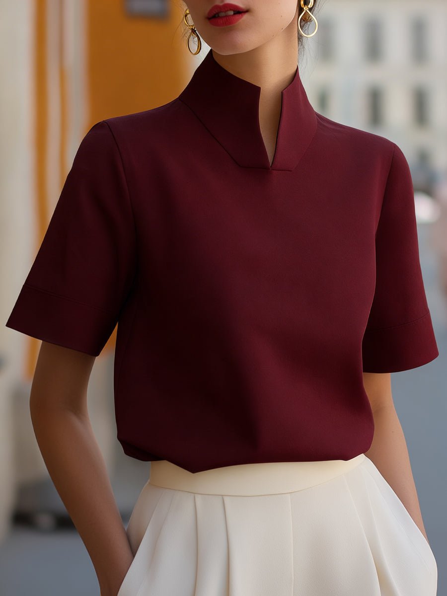Women's Structured Short-Sleeve Top with Stand Collar