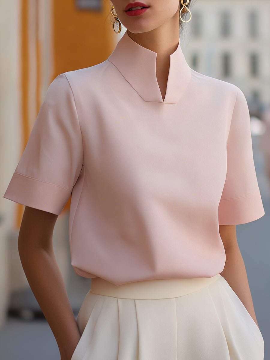 Women's Structured Short-Sleeve Top with Stand Collar