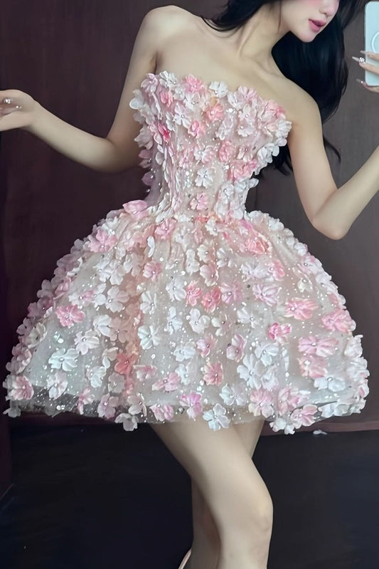 Women's Strapless 3D Floral Appliqué Mini Cocktail Dress