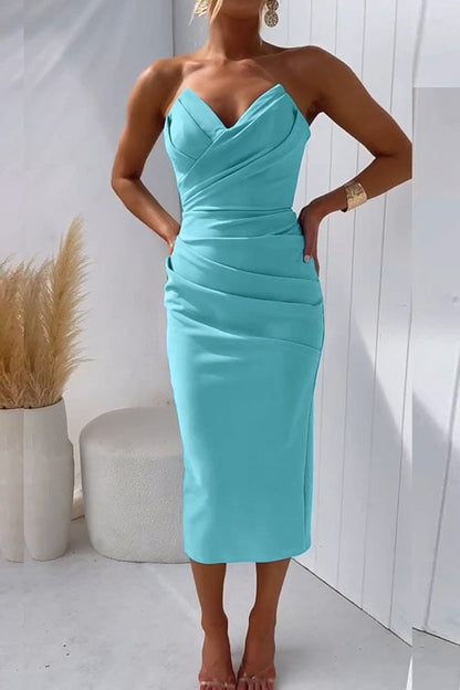 Women's Strapless Ruched Bodycon Midi Dress
