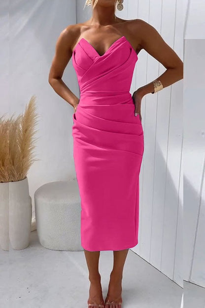 Women's Strapless Ruched Bodycon Midi Dress