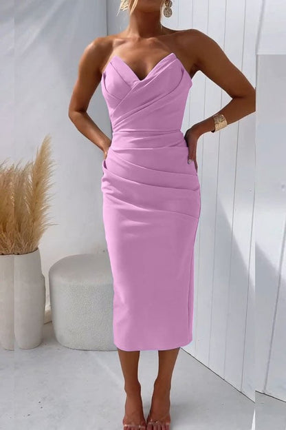 Women's Strapless Ruched Bodycon Midi Dress