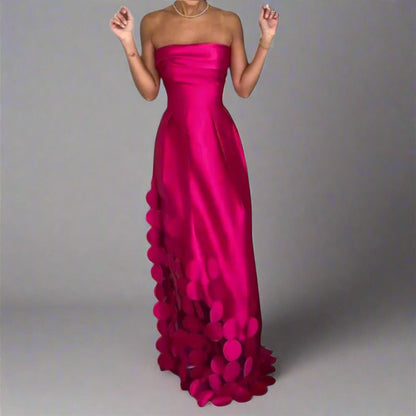 Women's Strapless Satin Evening Maxi Gown with Ring Accents