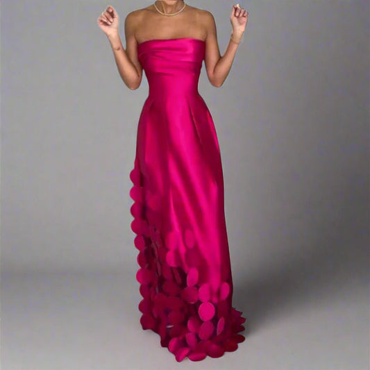Women's Strapless Satin Evening Maxi Gown with Ring Accents