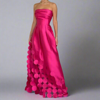 Women's Strapless Satin Evening Maxi Gown with Ring Accents