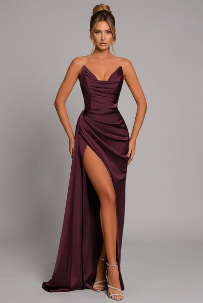 Women's Bandeau Sweetheart Pleated Satin Maxi Dress with Slit