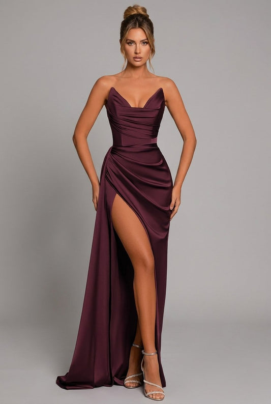 Women's Bandeau Sweetheart Pleated Satin Maxi Dress with Slit