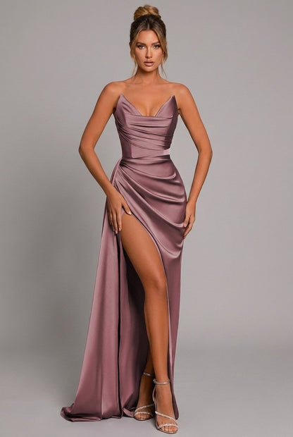 Women's Bandeau Sweetheart Pleated Satin Maxi Dress with Slit