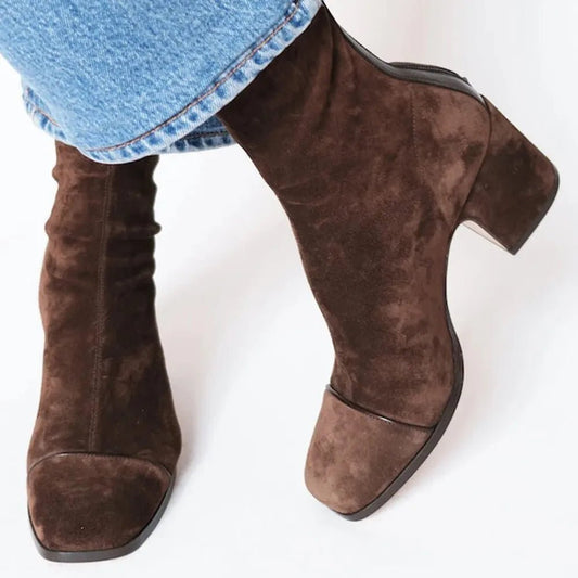Women's Knee-High Suede Boots with Square Toe and Block Heel
