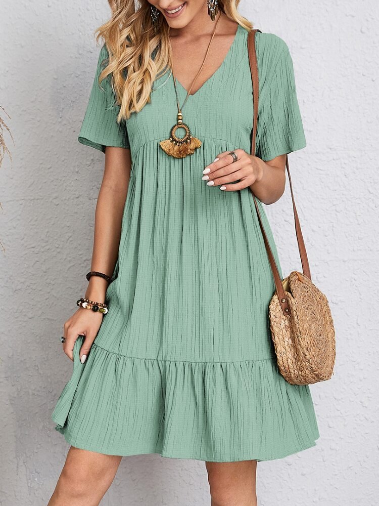 Women's Short-Sleeve Tiered V-Neck Casual Swing Dress