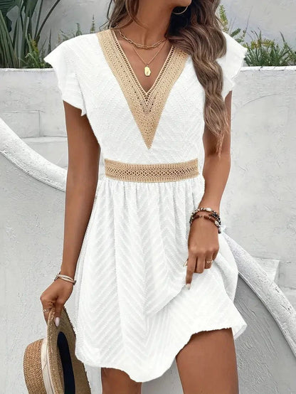 Women's Butterfly-Sleeve Lace V-Neck Casual Summer Dress