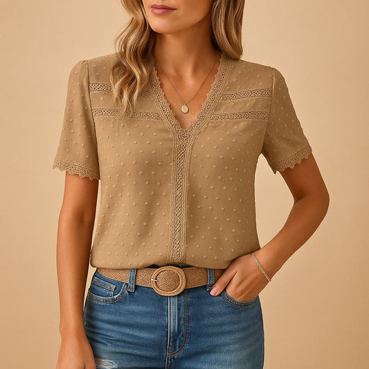 Women's Lace Detail Short-Sleeve V-Neck Blouse