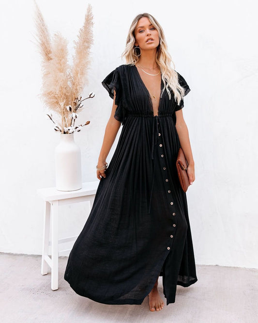 Women's Short-Sleeve V-Neck Button-Front Maxi Dress