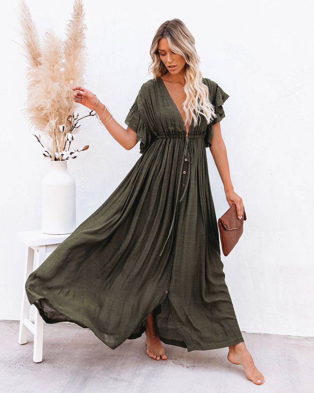 Women's Short-Sleeve V-Neck Button-Front Maxi Dress