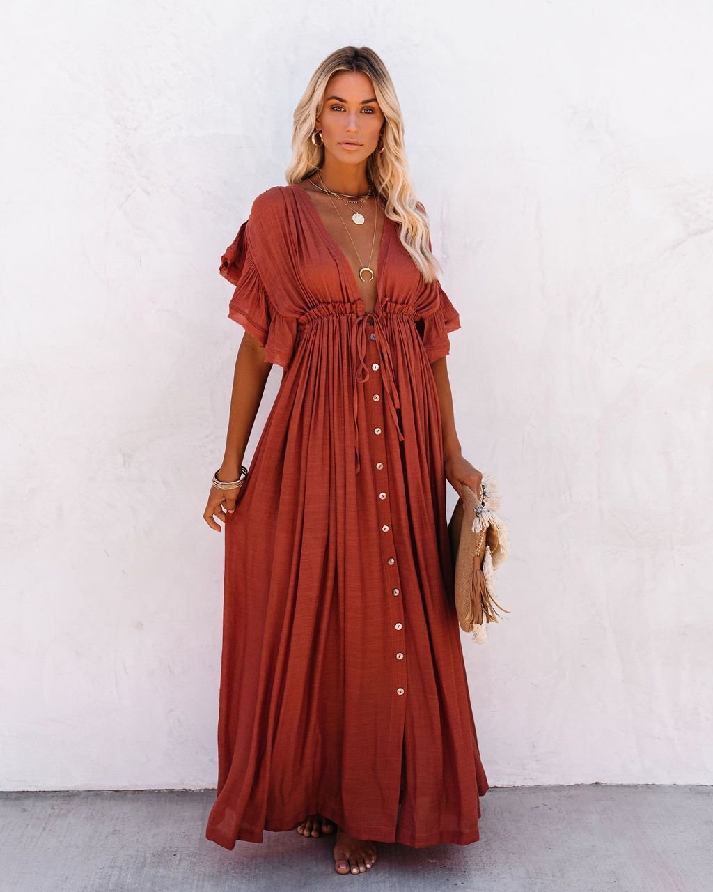 Women's Short-Sleeve V-Neck Button-Front Maxi Dress