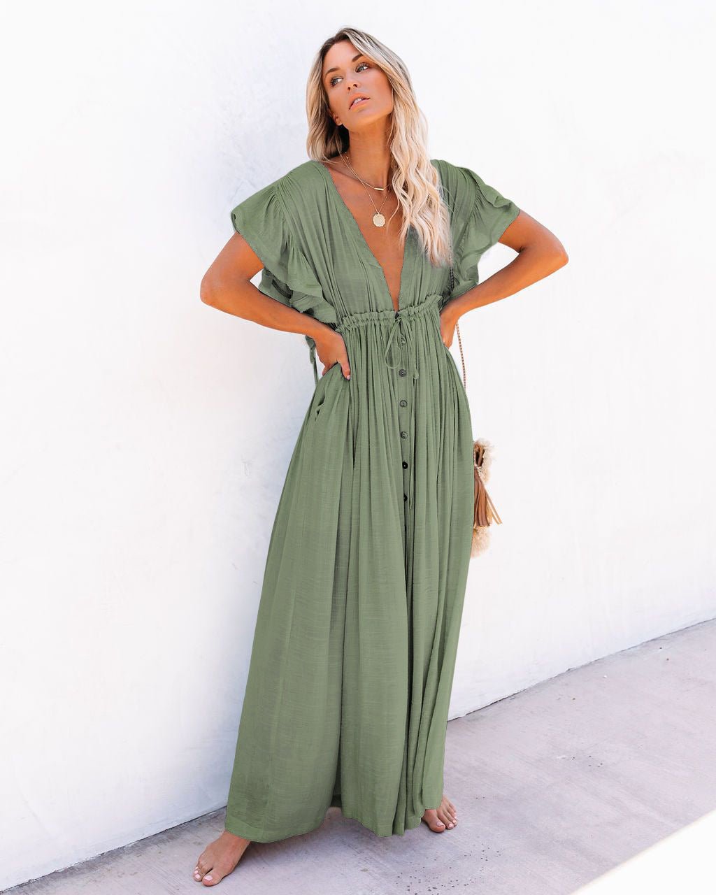 Women's Short-Sleeve V-Neck Button-Front Maxi Dress