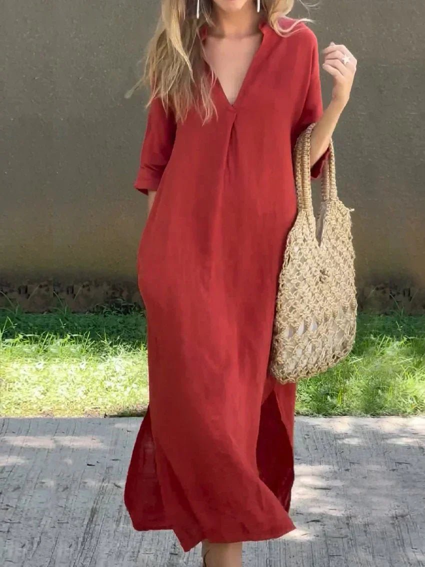 Women's Loose-Fit V-Neck Cotton-Linen Summer Maxi Dress