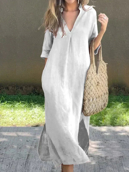 Women's Loose-Fit V-Neck Cotton-Linen Summer Maxi Dress