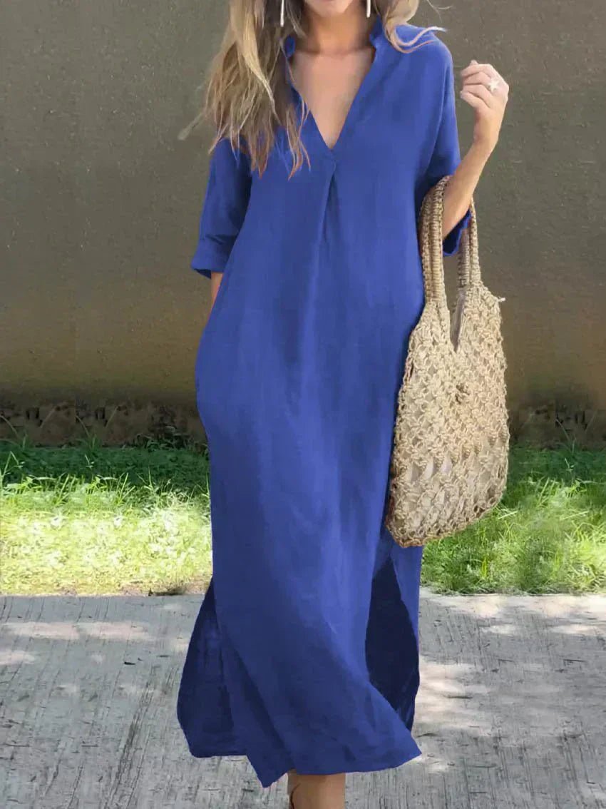 Women's Loose-Fit V-Neck Cotton-Linen Summer Maxi Dress
