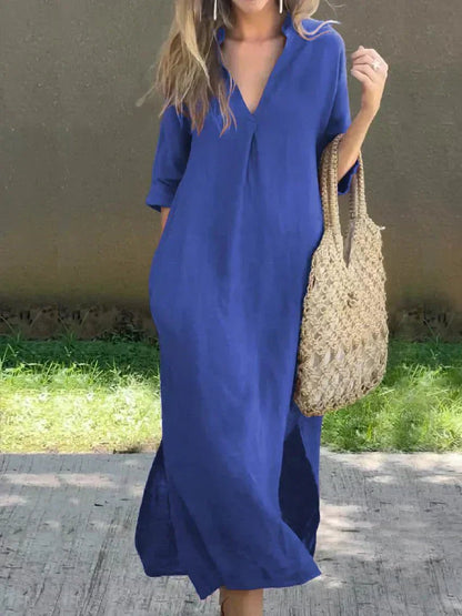 Women's Loose-Fit V-Neck Cotton-Linen Summer Maxi Dress