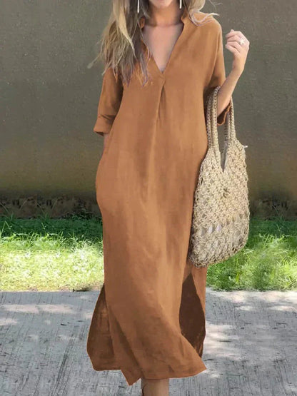 Women's Loose-Fit V-Neck Cotton-Linen Summer Maxi Dress
