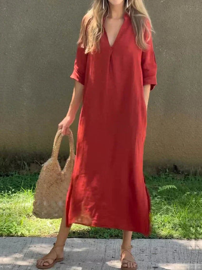 Women's Loose-Fit V-Neck Cotton-Linen Summer Maxi Dress