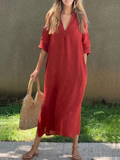 Women's Loose-Fit V-Neck Cotton-Linen Summer Maxi Dress