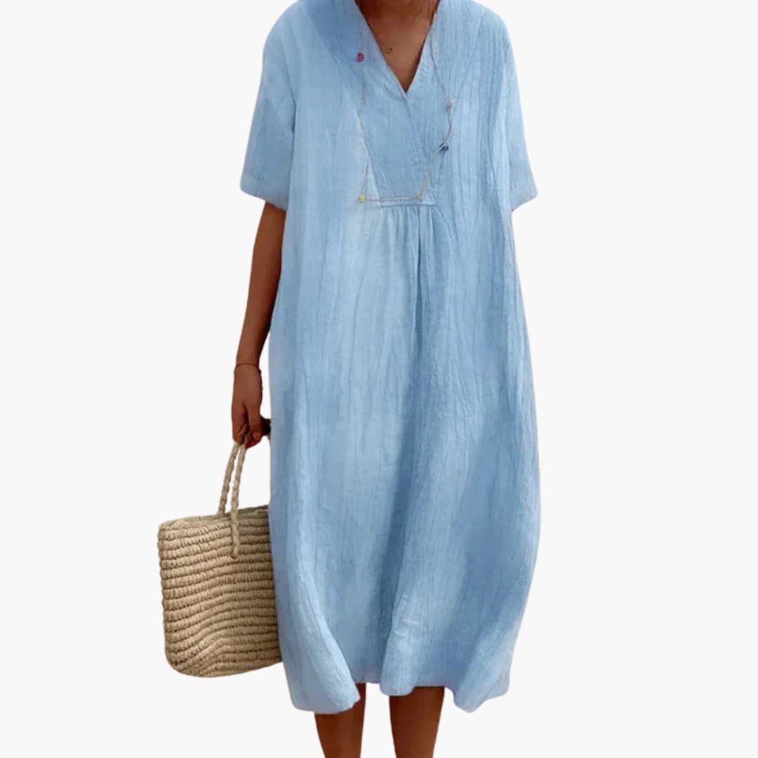 Women's Loose-Fit Short-Sleeve V-Neck Linen Mid-Length Dress