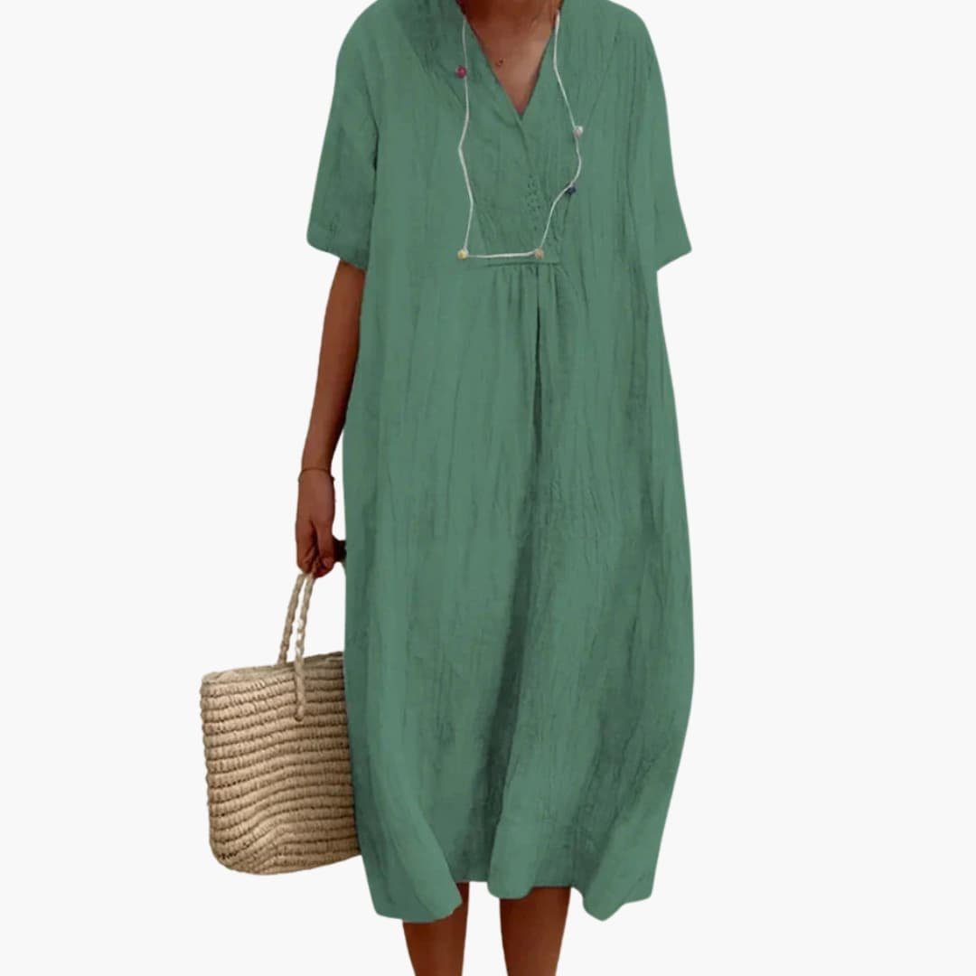 Women's Loose-Fit Short-Sleeve V-Neck Linen Mid-Length Dress