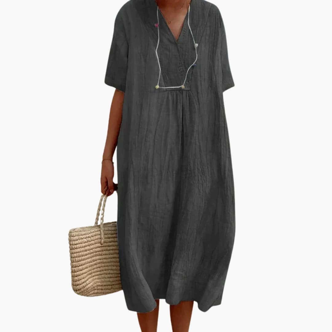 Women's Loose-Fit Short-Sleeve V-Neck Linen Mid-Length Dress